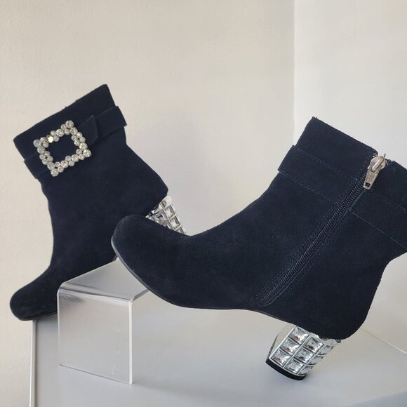 Joan Boyce Black Suede Ankle Boots 6M – Rhinestone Heel & Buckle Glam / Size:6M - Picture 1 of 11